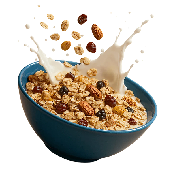 Bowl of muesli with milk splash